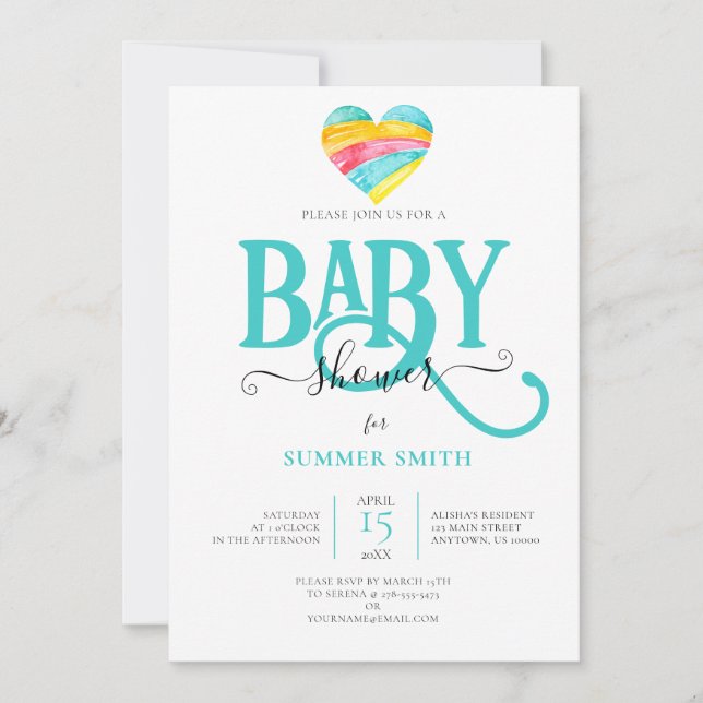 COLORFUL RAINBOW HEART GENDER NEUTRAL BABY SHOWER INVITATION (Front)