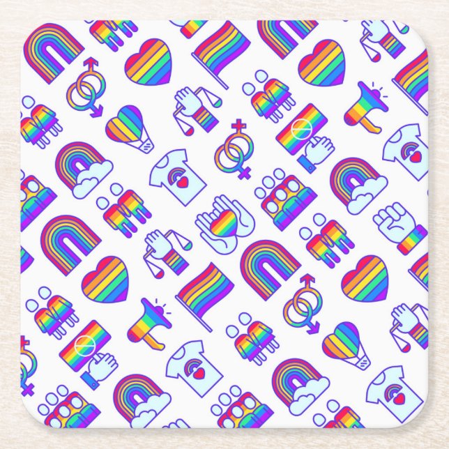 Colorful Rainbow Icon Patterns Square Paper Coaster (Front)