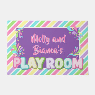 Colorful rainbow kids name playroom entry doormat