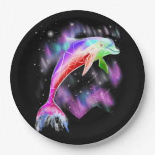 colorful rainbow pink dolphin ocean galaxy space . paper plate