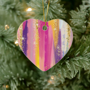 Colorful Rainbow Stripes with Faux Gold Glitter Ceramic Tree Decoration