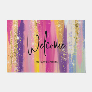 Colorful Rainbow Stripes with Faux Gold Glitter Doormat