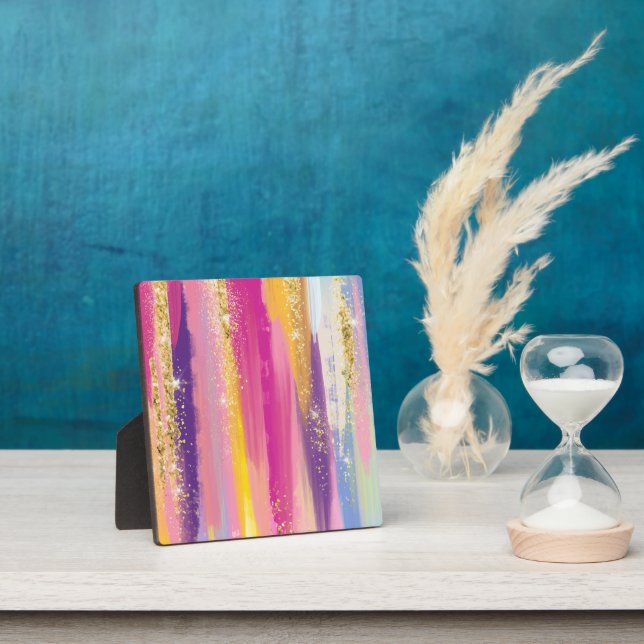 Colorful Rainbow Stripes with Faux Gold Glitter Plaque (Insitu)