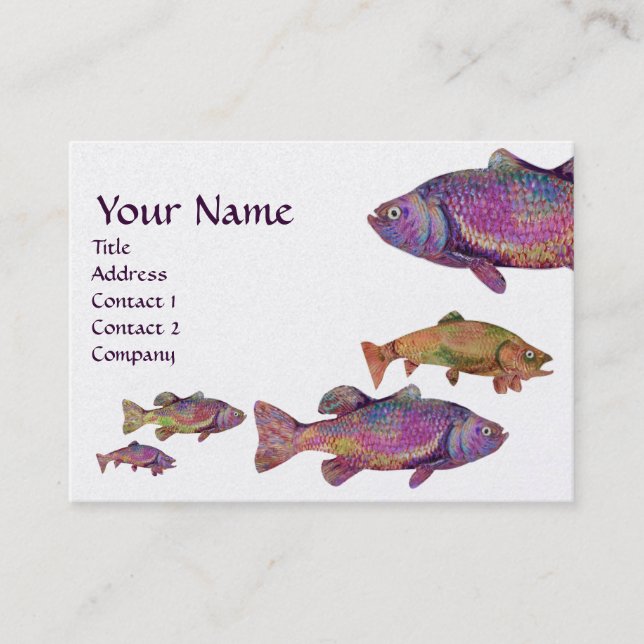 COLORFUL RAINBOW TROUT MONOGRAM, White Pearl Business Card (Front)
