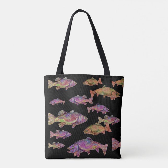 COLORFUL RAINBOW TROUTS Black Tote Bag (Back)
