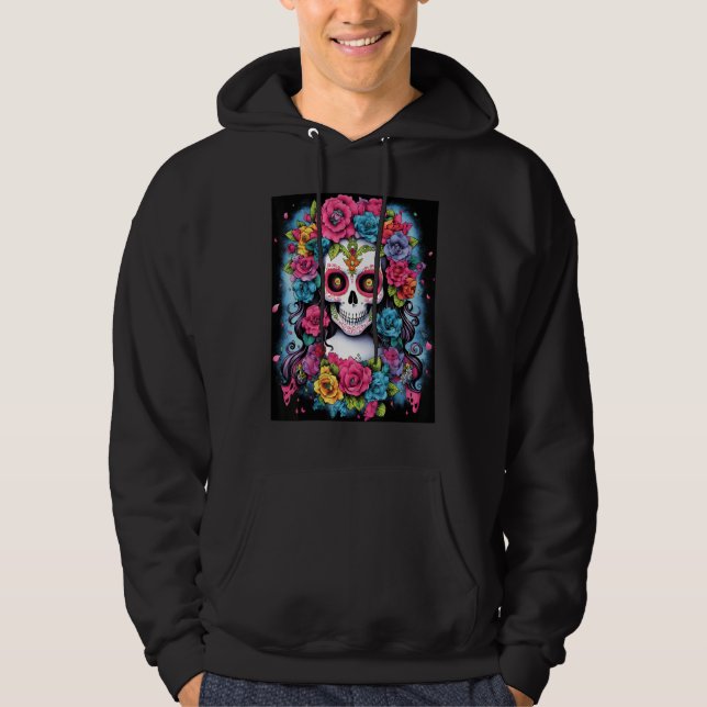 Colorful Rebellion Vibrant Skull and Flowers Graph Hoodie (Front)