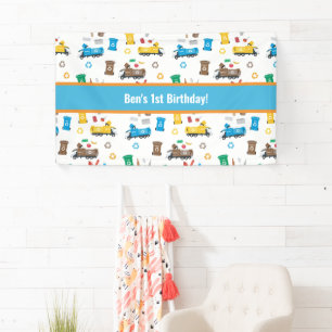 Colorful Recycling Garbage Trucks & Bins Birthday Banner
