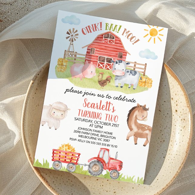 Colorful Red Barn Farm Animals Birthday Invitation (Red Barn Tractor Farm Birthday Invitation, Farm Animals Birthday Invite, Oink Baa Moo Invitation)