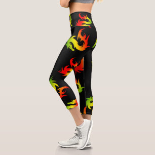 COLORFUL RED DRAGON PATTERN IN BLACK CAPRI LEGGINGS