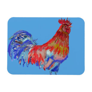 Colorful Red Rooster painting Blue Fridge Magnet