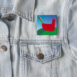Colorful Red Rooster with Rainbow Tail on Hill  15 Cm Square Badge
