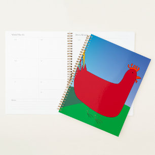 Colorful Red Rooster with Rainbow Tail on Hill Planner
