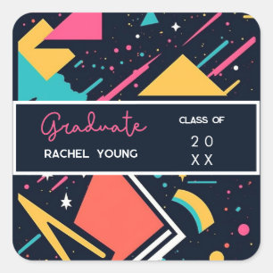 Colorful Retro 80s Blue & Pink Graduation Square Sticker