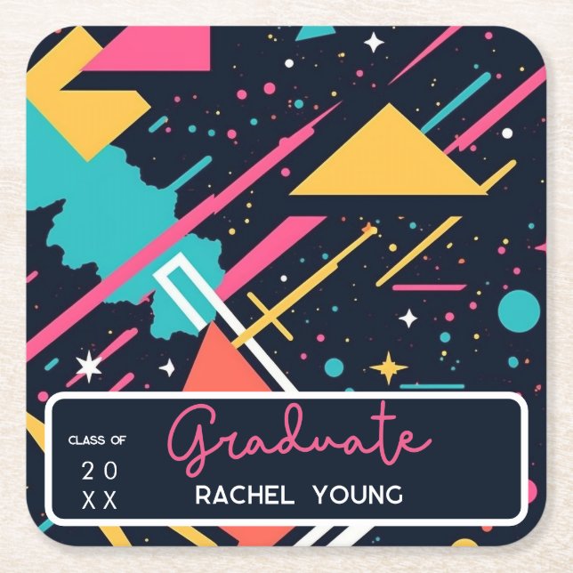Colorful Retro 80's Graduation Party Square Paper Coaster (Front)