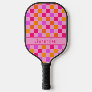 Colorful Retro Aesthetic Checked Pattern Hot Pink Pickleball Paddle