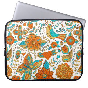 Colorful Retro Birds Flowers & Butterfly's Pattern Laptop Sleeve
