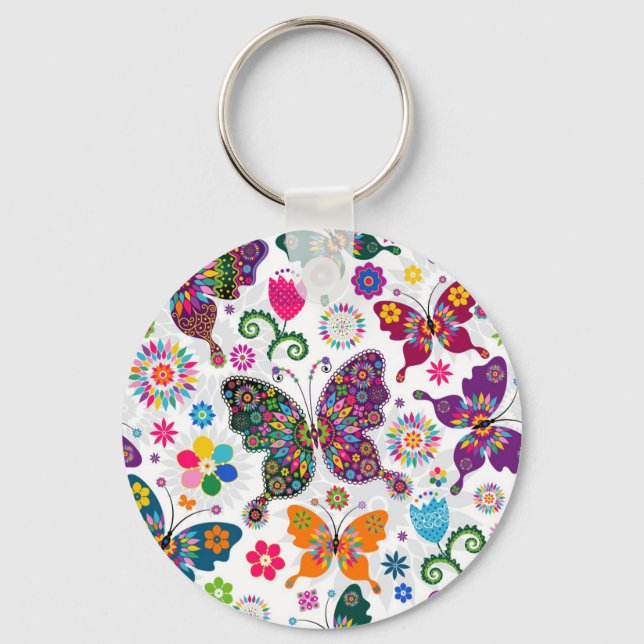 Colorful Retro Butterflies And Flowers Pattern Key Ring (Front)