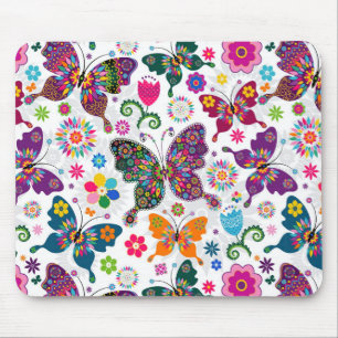 Colorful Retro Butterflies And Flowers Pattern Mouse Mat