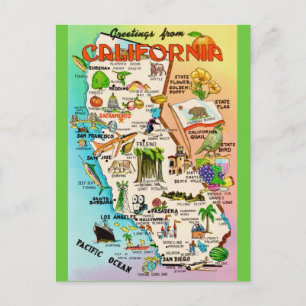  Colorful Retro California Map  Postcard