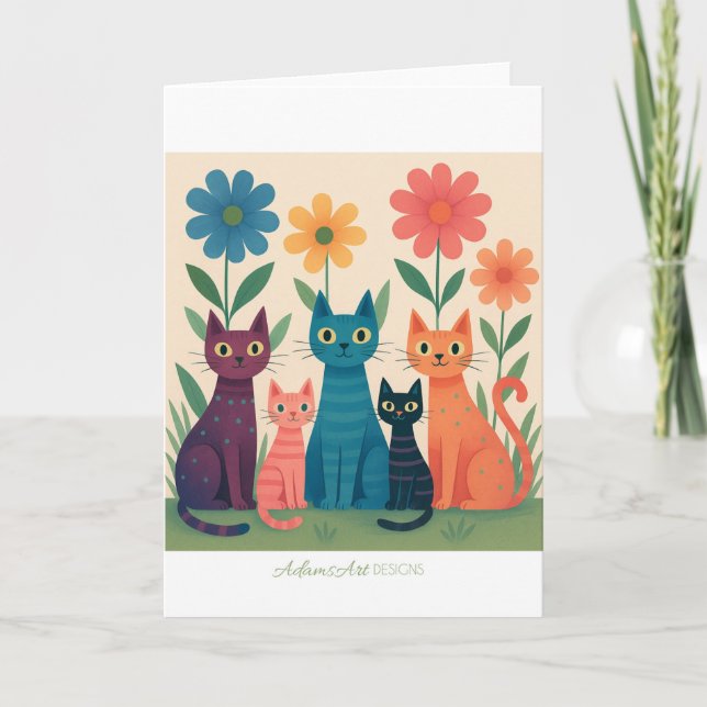 Colorful Retro Cats in Flower Garden – Whimsical Card (Front)