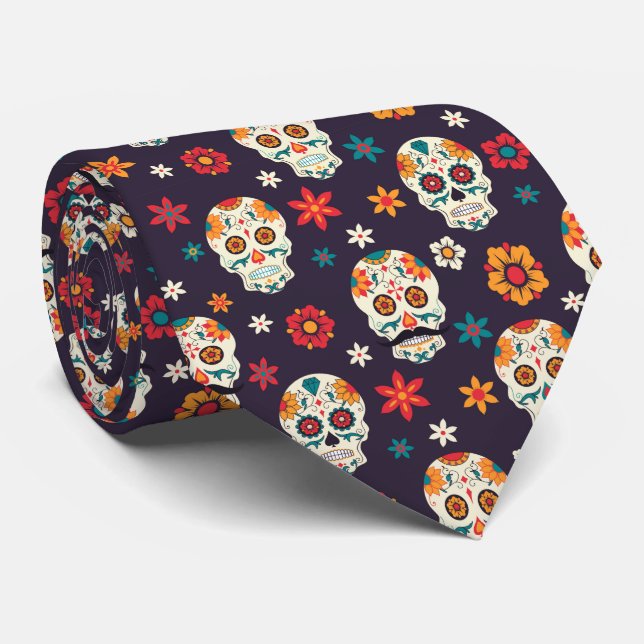 Colorful Retro Floral Sugar Skulls Pattern Tie (Rolled)