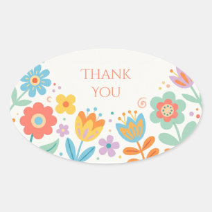 Colorful Retro Floral Thank You Oval Sticker