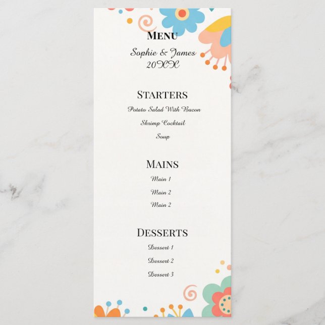Colorful Retro Floral Wedding Menu (Front)