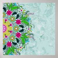 Colorful retro flowers and swirls.