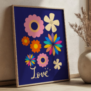 Colorful Retro Flowers on Navy Blue Love Floral Poster