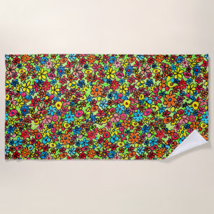 Colorful retro flowers pattern, hand drawn,  beach towel