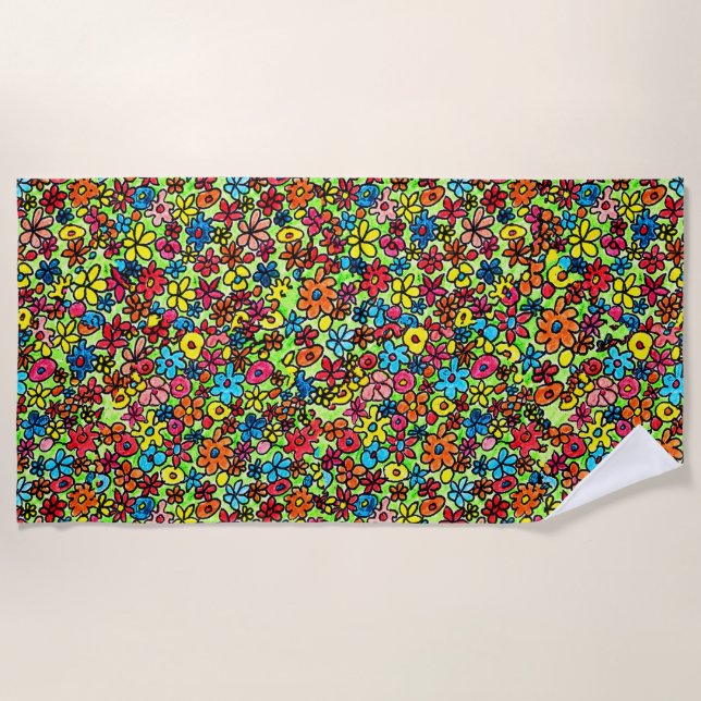 Colorful retro flowers pattern, hand drawn,  beach towel (Front)