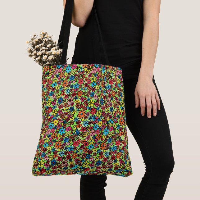 Colorful retro flowers pattern, hand drawn,  tote bag (Close Up)