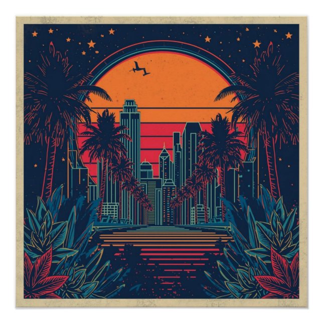 Colorful Retro Futuristic Doodle Style Skyline Poster (Front)