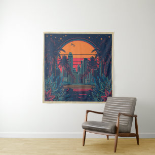 Colorful Retro Futuristic Doodle Style Skyline Tapestry
