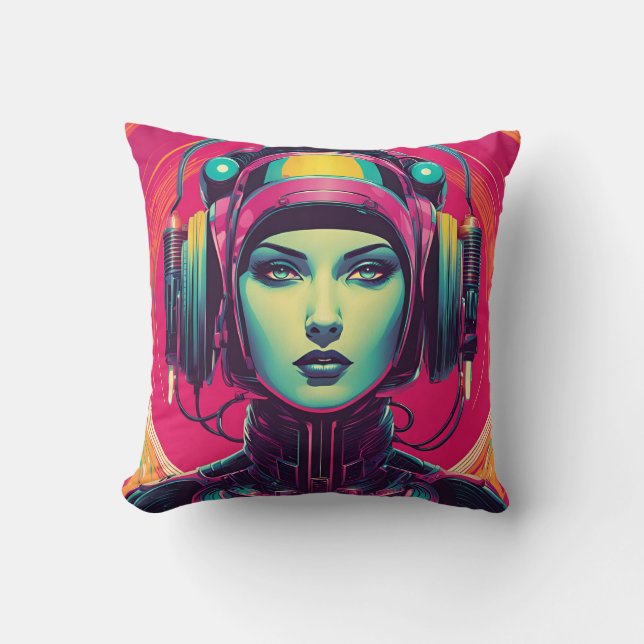 Colorful retro-futuristic portrait cushion (Front)