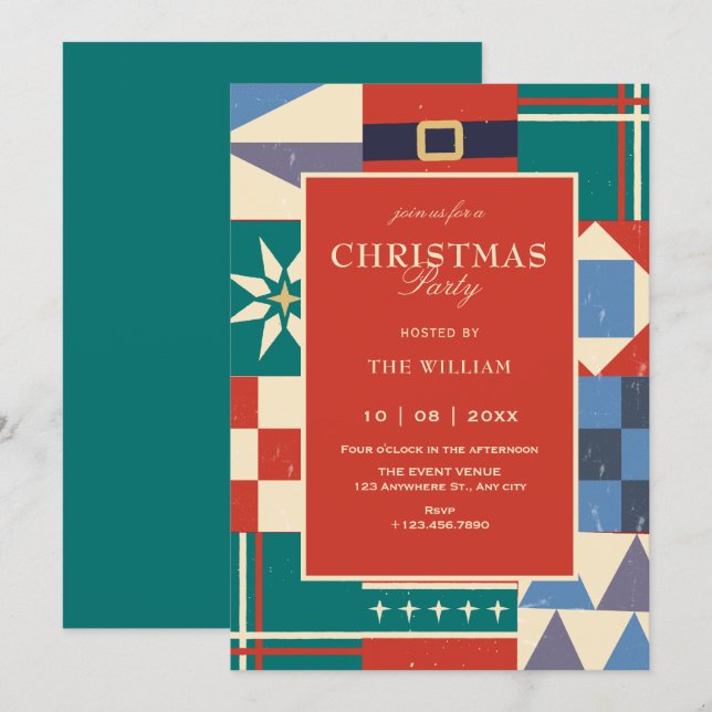 Colorful retro geometric christmas invitation (Front/Back)