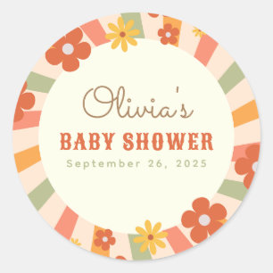 Colorful Retro Groovy Daisy Flower Baby Shower Classic Round Sticker