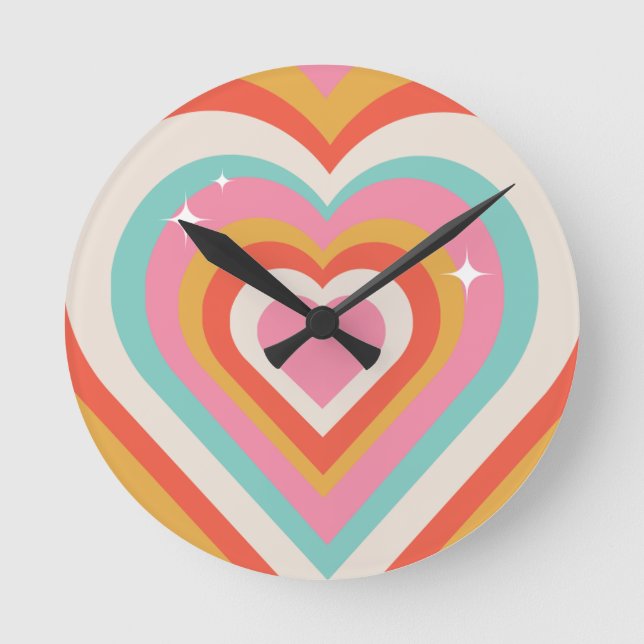 Colorful Retro Hearts with Sparkles | Valentine Round Clock (Front)
