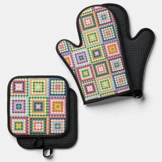 Colorful Retro Mid-Century Mid-Mod Crochet Blossom Oven Mitt & Pot Holder Set