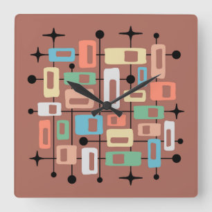 Colorful Retro Mid Century Modern Atomic Abstract Square Wall Clock