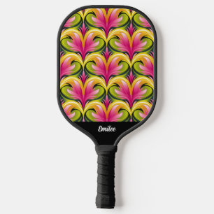 Colorful Retro Pattern Monogram Name Pickleball Paddle
