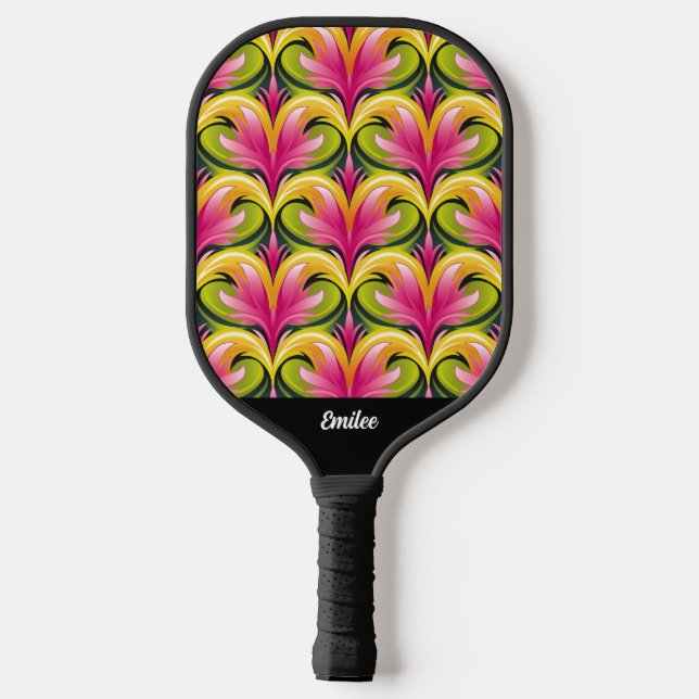 Colorful Retro Pattern Monogram Name Pickleball Paddle (Back)