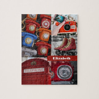 Colorful Retro Red Aesthetic Photo Collage Name Jigsaw Puzzle