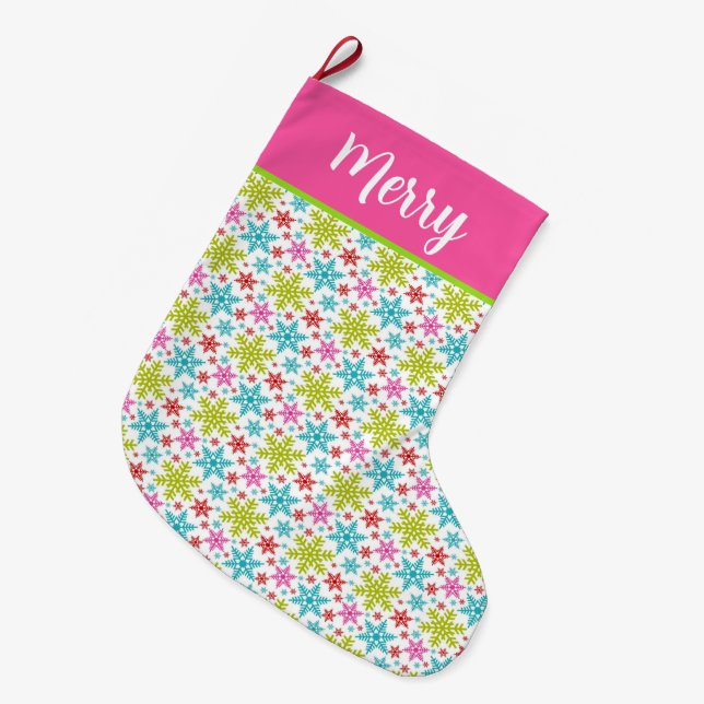 Colorful Retro Snowflakes Christmas Custom Name Large Christmas Stocking (Front (Hanging))