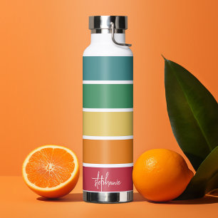 Colorful Retro Stripes - Rainbow - Script Name Wat Water Bottle