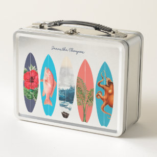 Colorful Retro Surfboards Pattern Custom Name Metal Lunch Box
