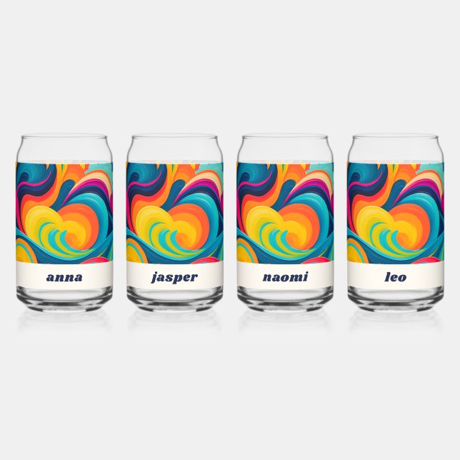 Colorful Retro Swirl Abstract Pop Art Personalized Can Glass (Front)