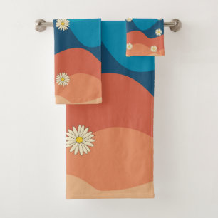 Colorful Retro Waves & Daisies Pattern  Bath Towel Set