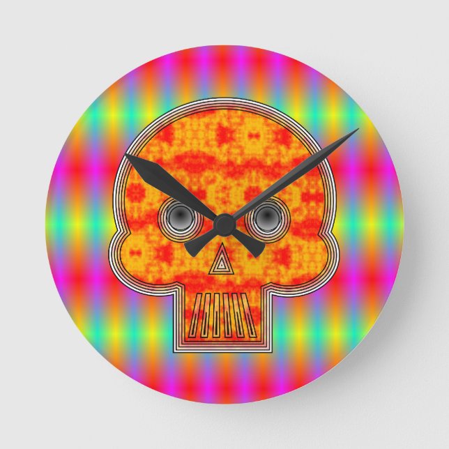 Colorful Robot Skull On Rainbow Background Round Clock (Front)