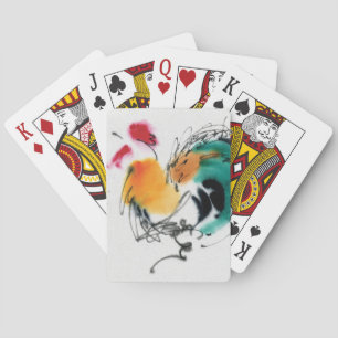 Colorful Rooster. Calligraphy and watercolor. Playing Cards